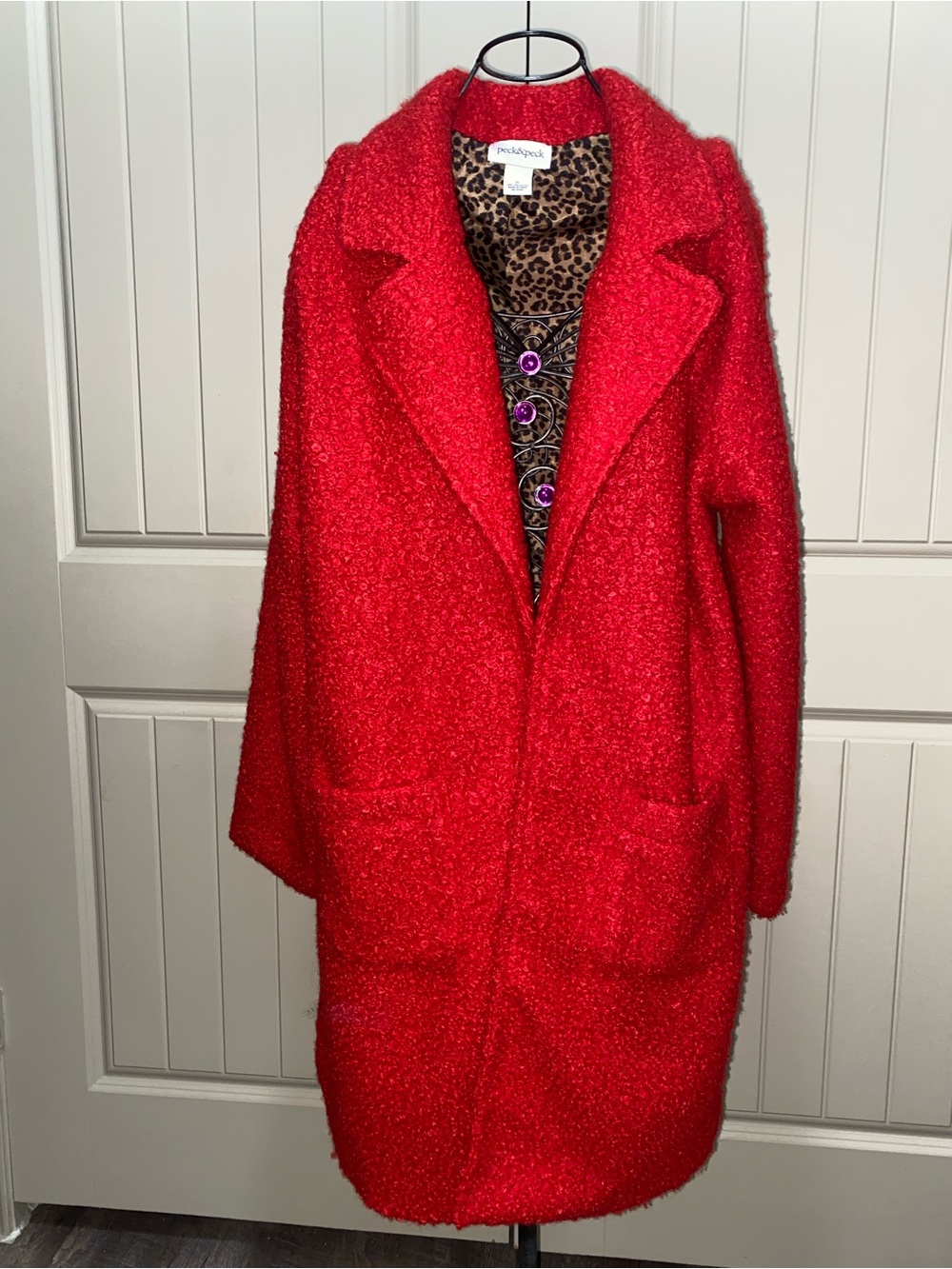 Peck & Peck Red Long Teddy Coat with Notch Collar size XL